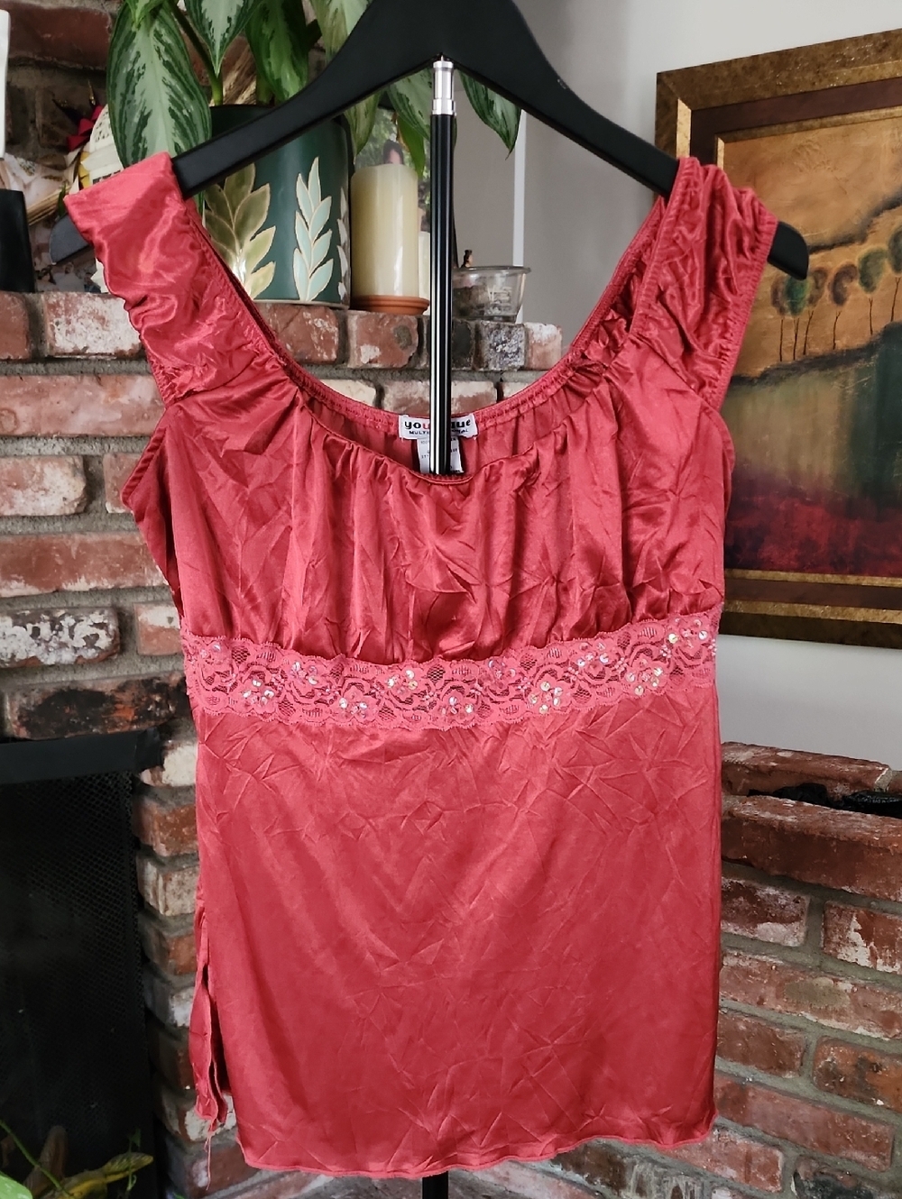 Y2K Younique Coral Satin Lace Trim Tank Top